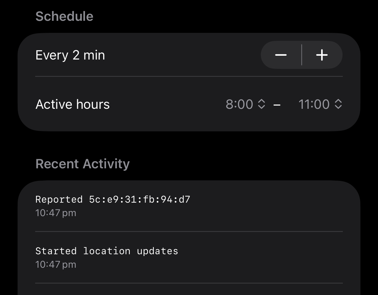 screenshot showing bssid app with settings to send bssid to caffeine tracker