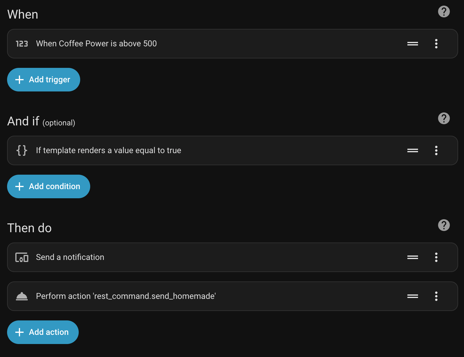 screenshot showing home assistant automation to trigger when coffee power is above 500